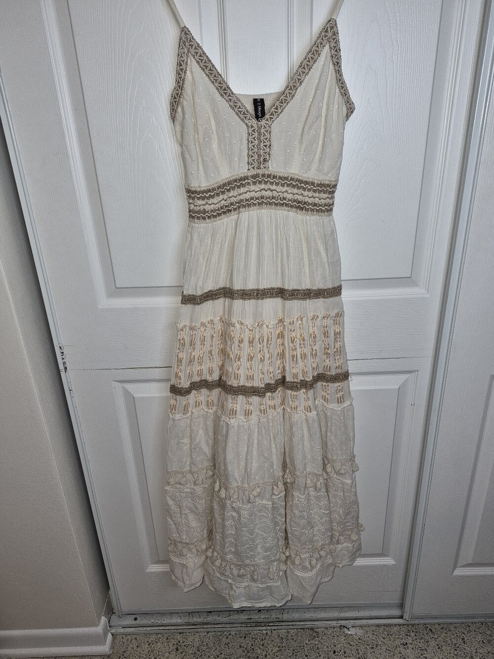 Ivory Maxi Dress with Taupe Crochet Trim